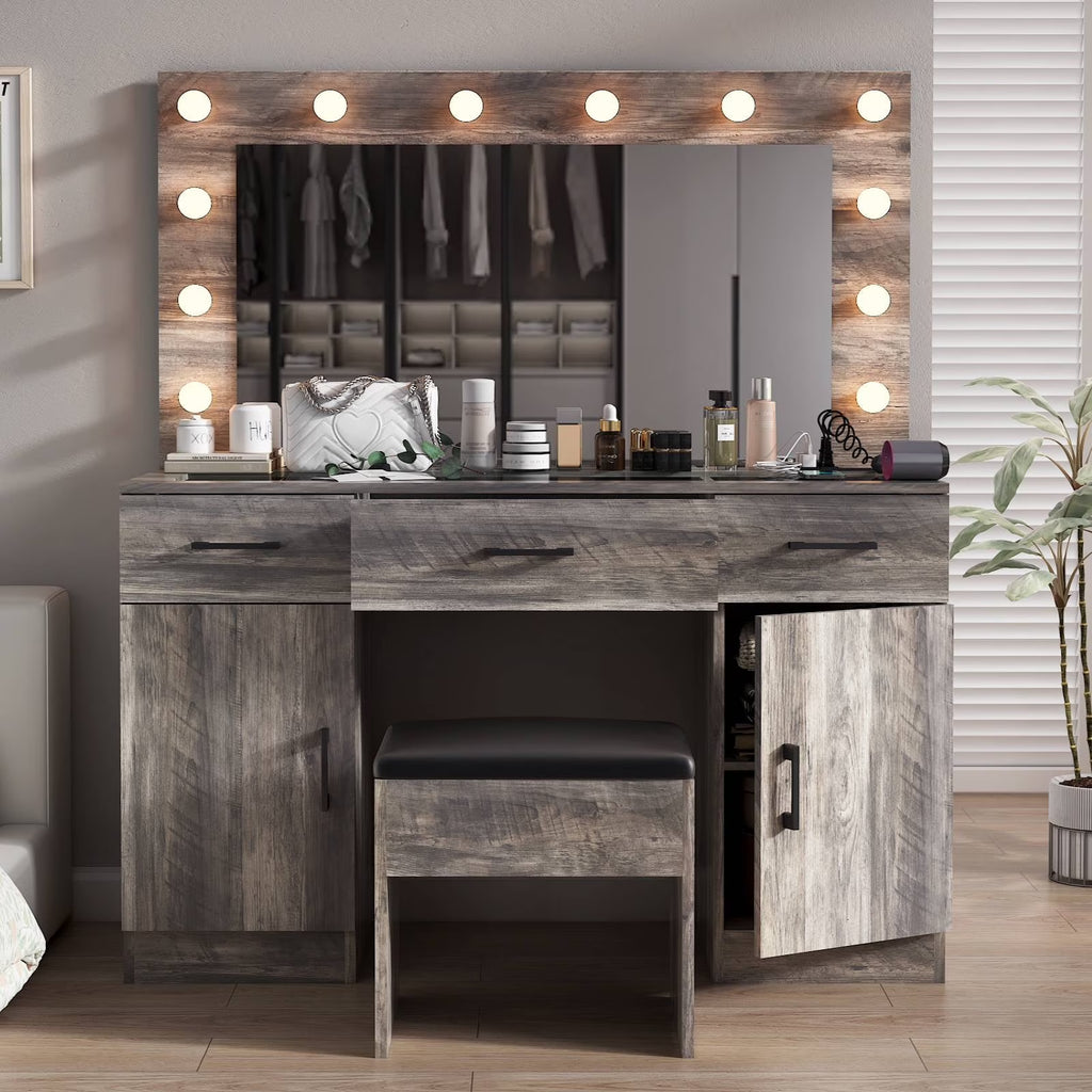 2026 NewKtaxon Large Makeup Vanity, Vanity Table Set w/ Visible Glass Top w/ Charging Station, White