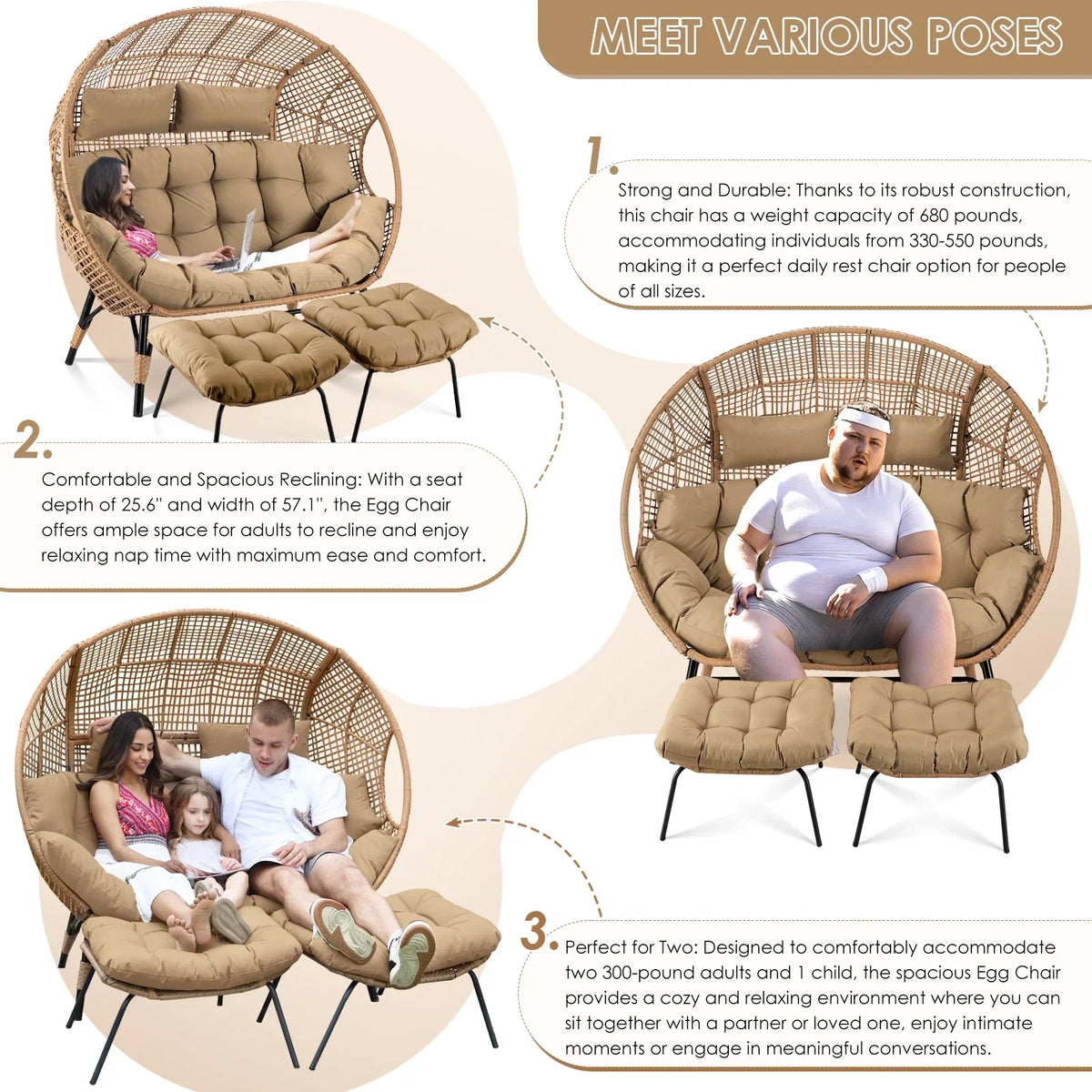2026 NewRADIATA Double Egg Chair for 2 Person, Oversized Wicker Loveseat with Thick Cushions, 680 lbs Capacity, Indoor Outdoor Stationary Patio Lounge Chair for Balcony, Garden, Beige