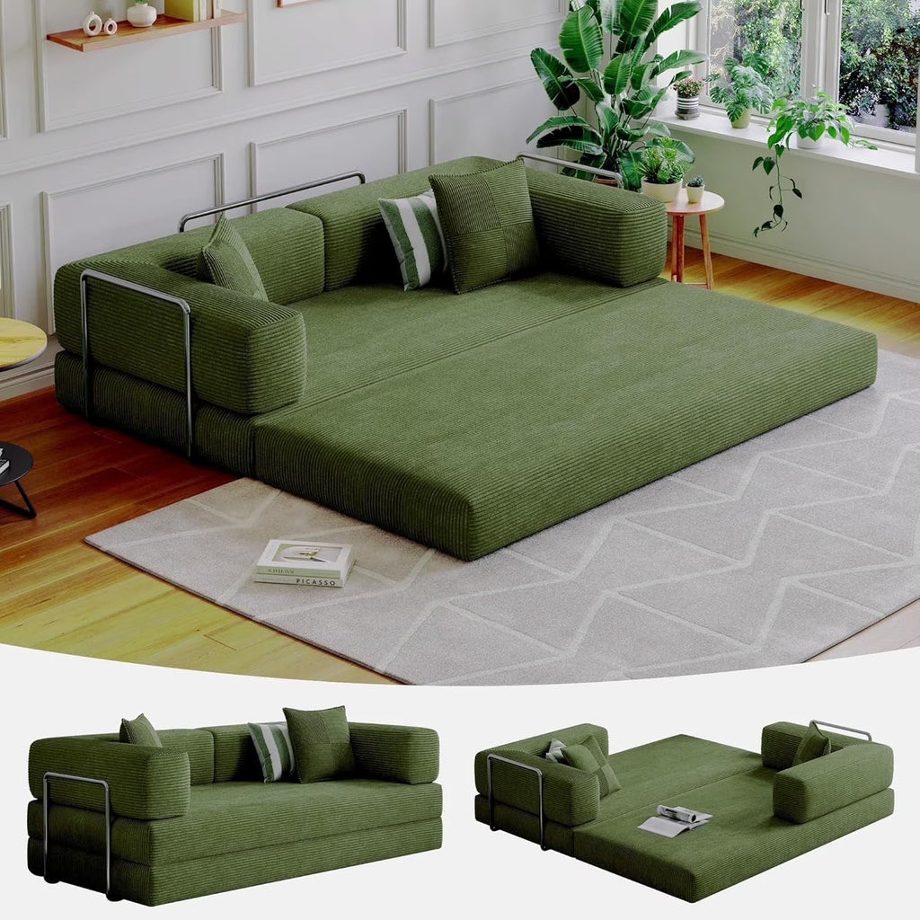 2026 NewConvertible Sleeper Sofa Bed,Compressed Floor Boneless Couch,Modular Modern Corduroy Sofa for Living Room Bedroom -with Fixed-Shape Frame and Support Armrest,Easy Assembly(Green)