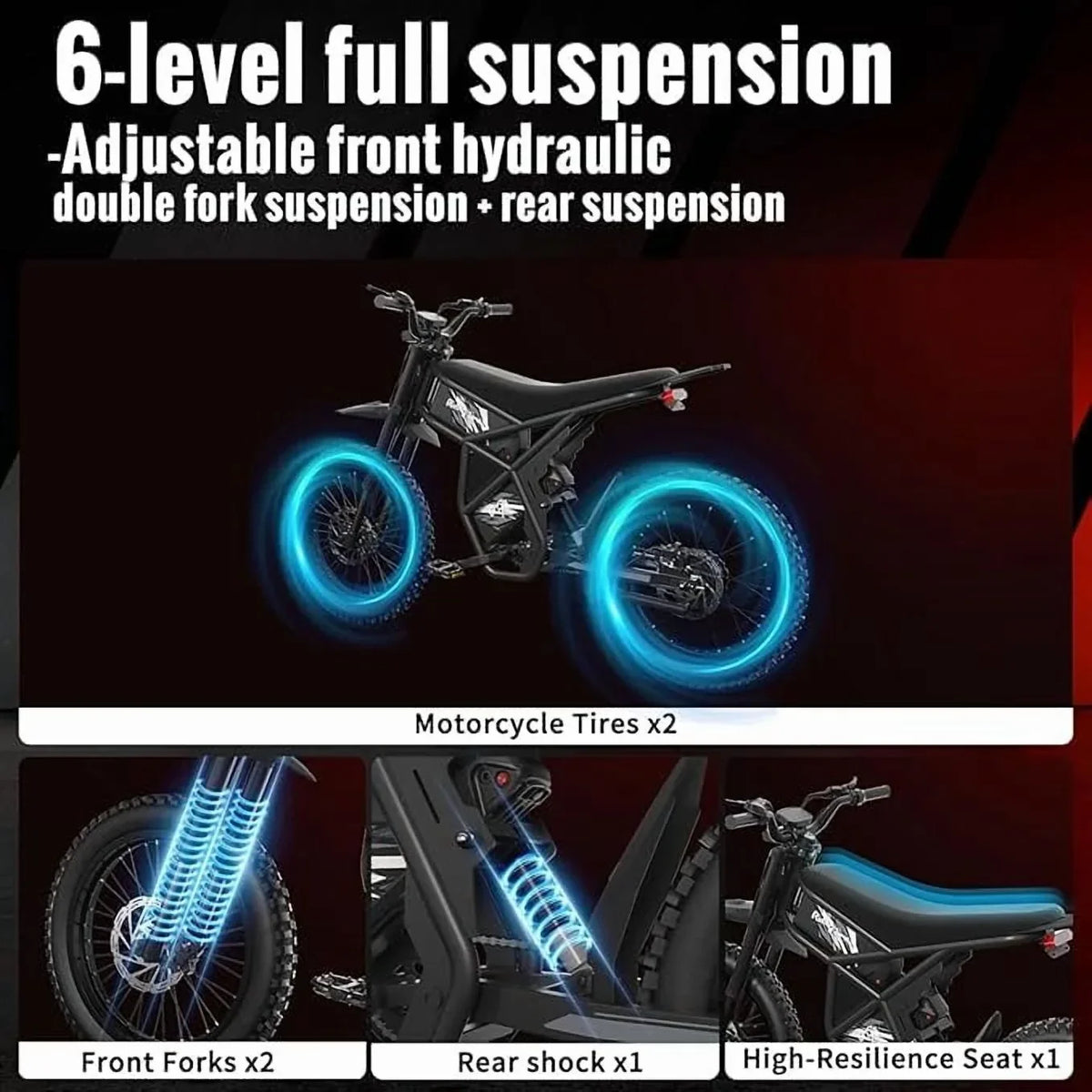2026 NewRiding'Times 2400W 48V Electric Dirt Bike for Adults Ridingtimes GT73,brushless Hub Motor,18.2AH*2 Electric BIKE with 25" tires digital screen Carbon Steel,BLACK