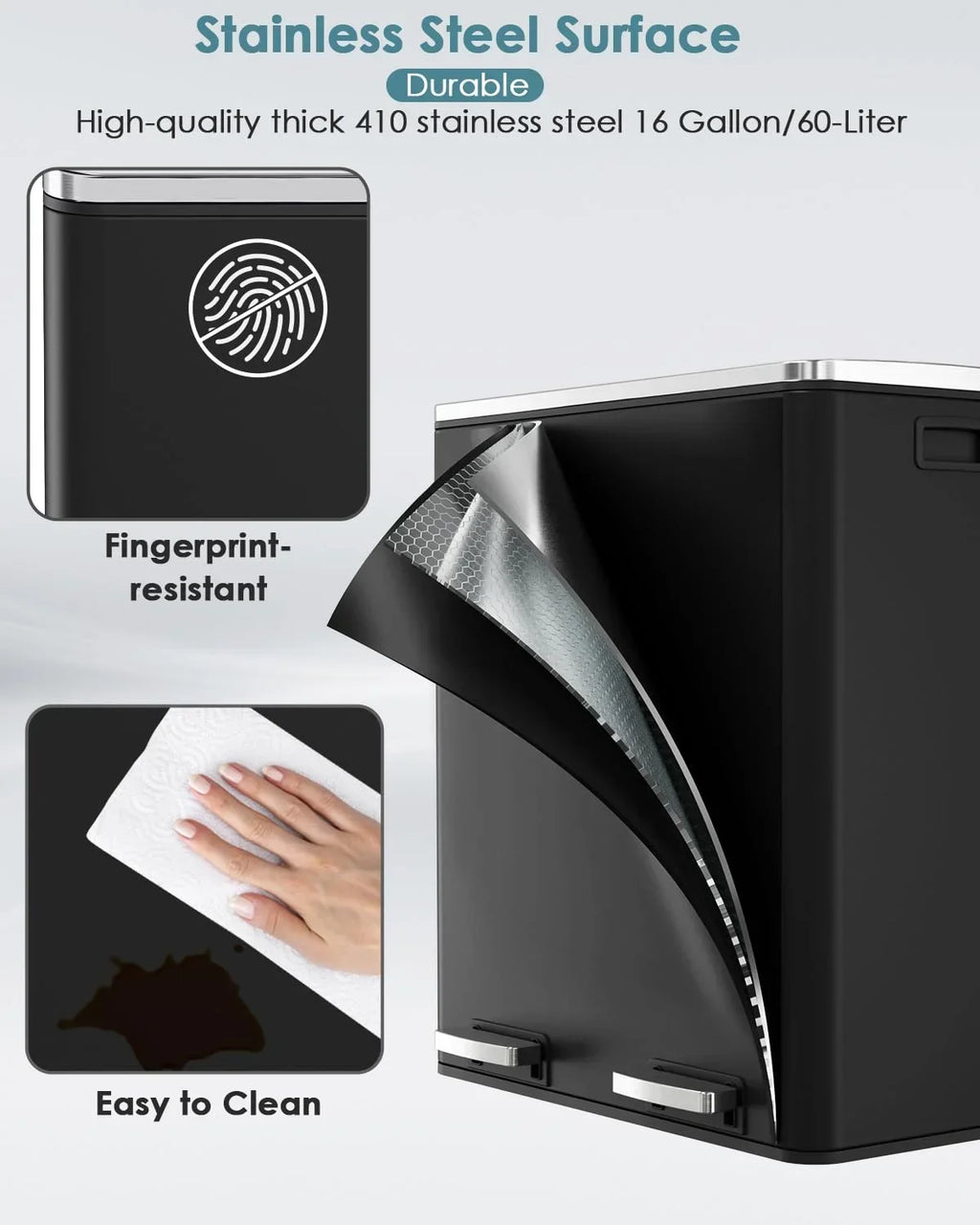 2026 NewArlopu 60 L/16 gal Dual Trash Can, Stainless Steel Garbage Can for Kitchen, Recycle Bin with Lid