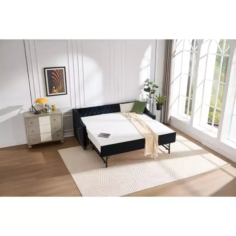 2026 Cama sofá Twin con cama nido, tapizada en terciopelo, puerto USB y bolsillos laterales - ModernLuxe
