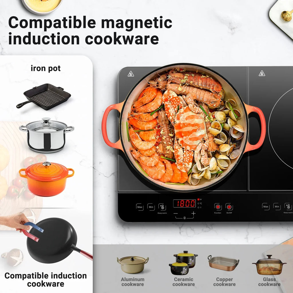2026 NewAobosi Double Induction Cooktop with 2 Burners, 1800W Electric Stove Cooktop with Sensor Touch, 10 Temperature 9 Power Settings