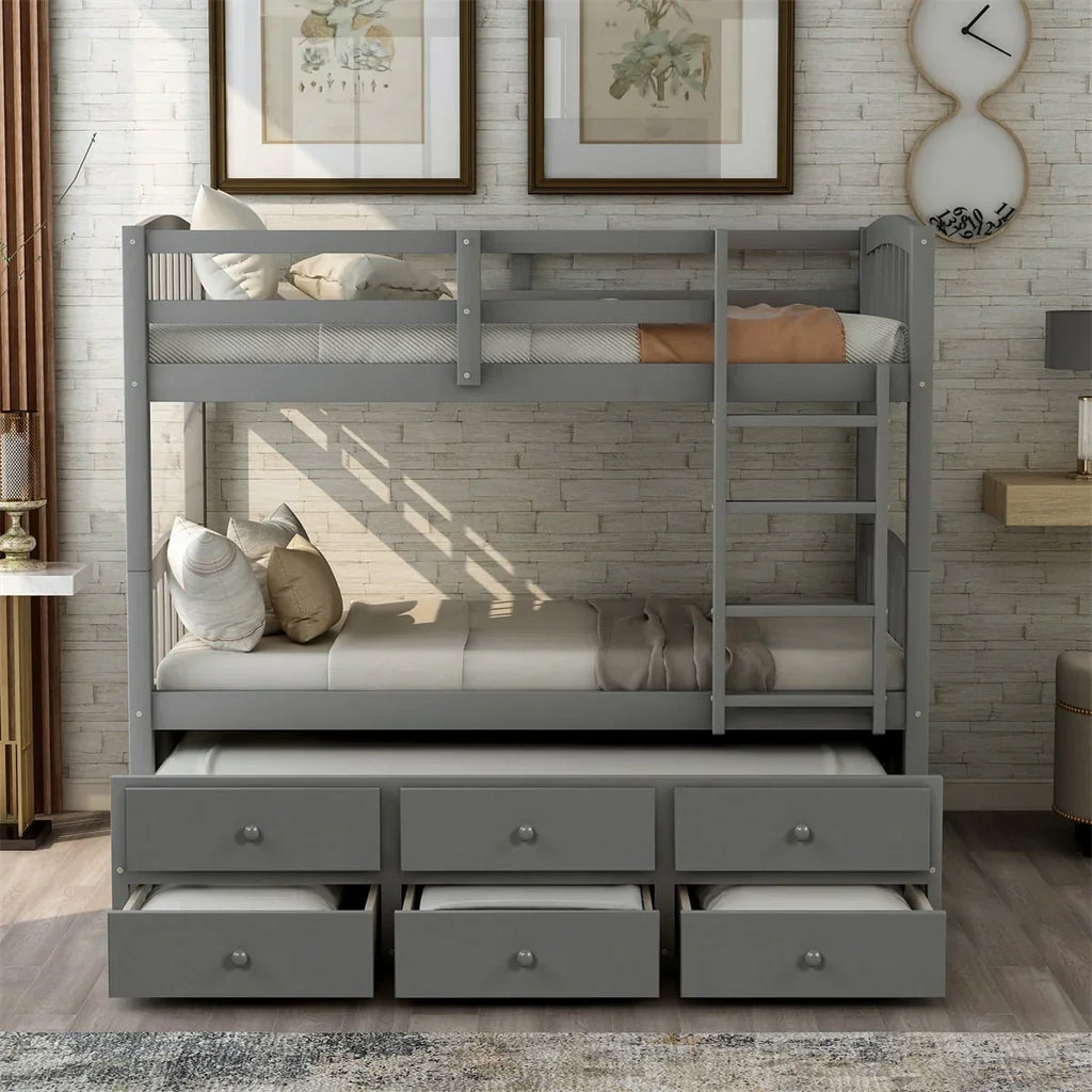 2026 NewTwin-Over-Twin Bunk Bed with 3 Storage Drawers, Twin Bunk Bed Frame with Ladder & Safety Rail, Pinewood Trundle Bunk Bed for Teen Bedroom, Guest Room Furniture, Can be Convertible to 2 Beds, Gray