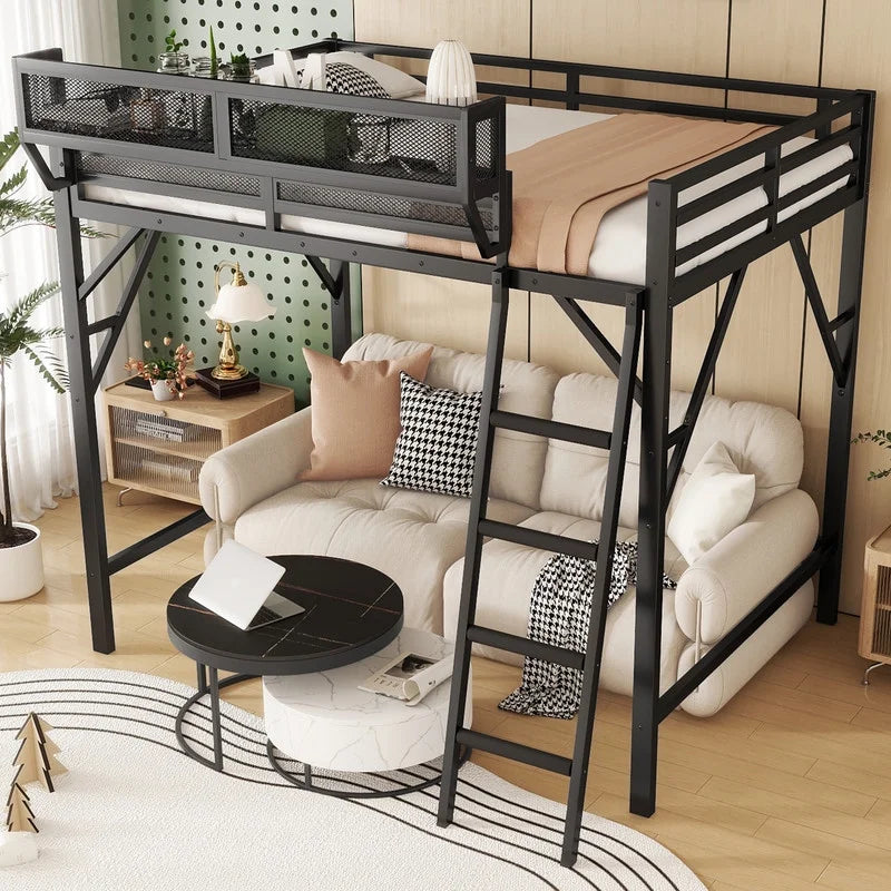 2026 NewDuxelifin Queen Size Metal Loft Bed Frame, Heavy Duty Steel High Loft Bed with Storage Shelves & Ladder, Space-Saving Loft Bed for Apartments, Adults, Teens & Juniors (Black)