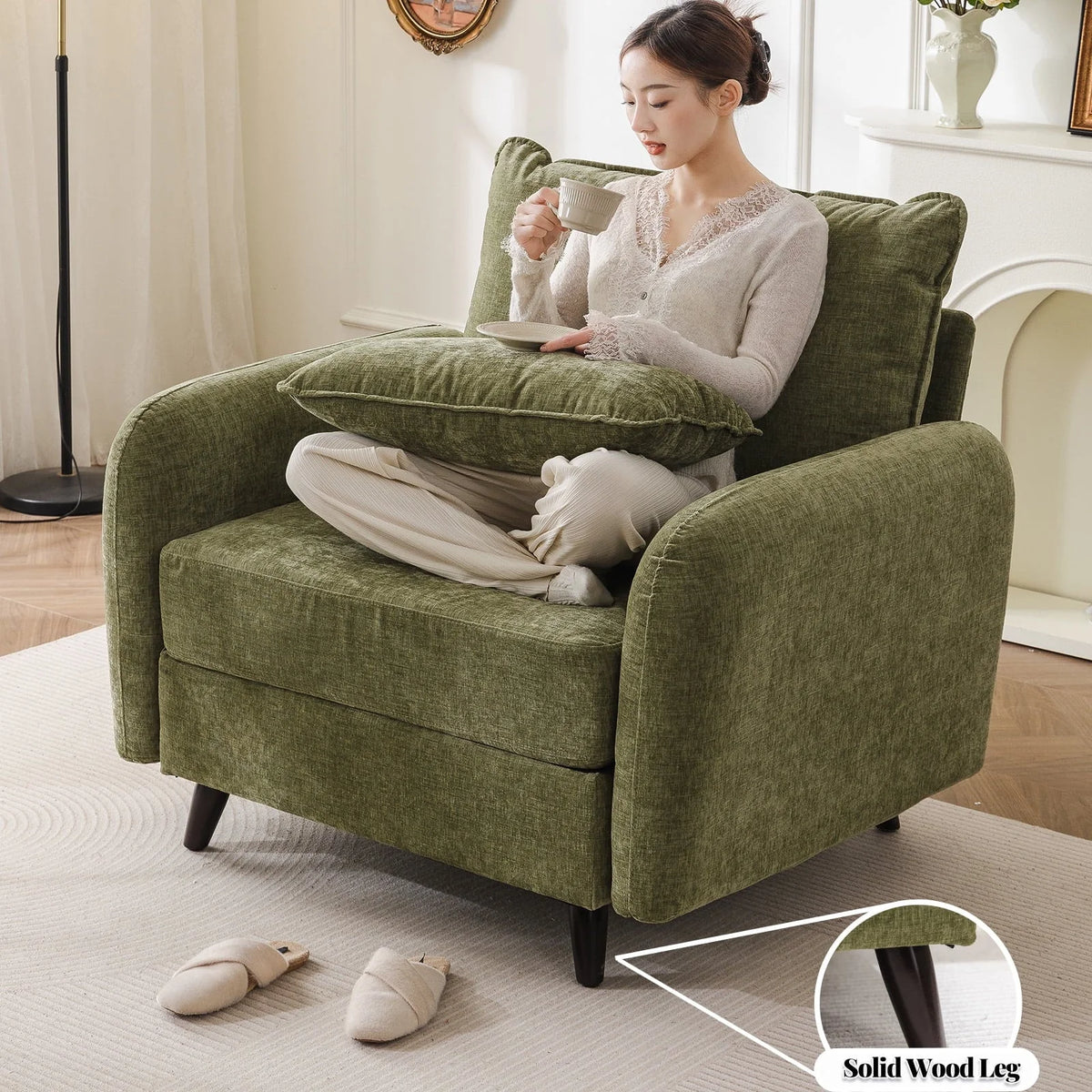 2026 NewRexulqo Oversized Accent Chair with All Seats Storage,Comfy Living Room Chairs with 2 Throw Pillow,Upholstered Mid-Century Armchair,24.5'' Deep Seat,Reading Chair For Bedroom,Office,Chenille,Green