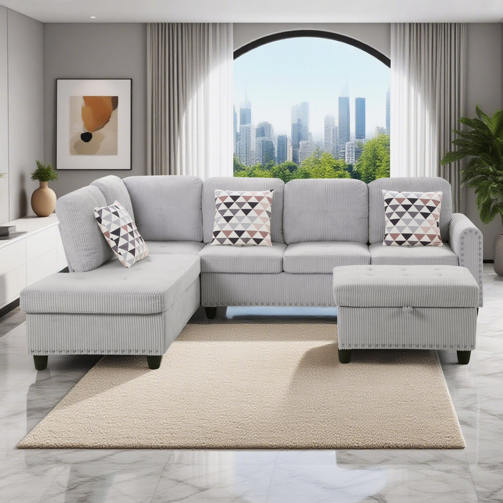 2026 NewAENKYO 95" L-Shaped Corduroy Modular Sectional Sofa with Ottoman & Cup Holders �C Living Room Couch for Apartments"Light Gray