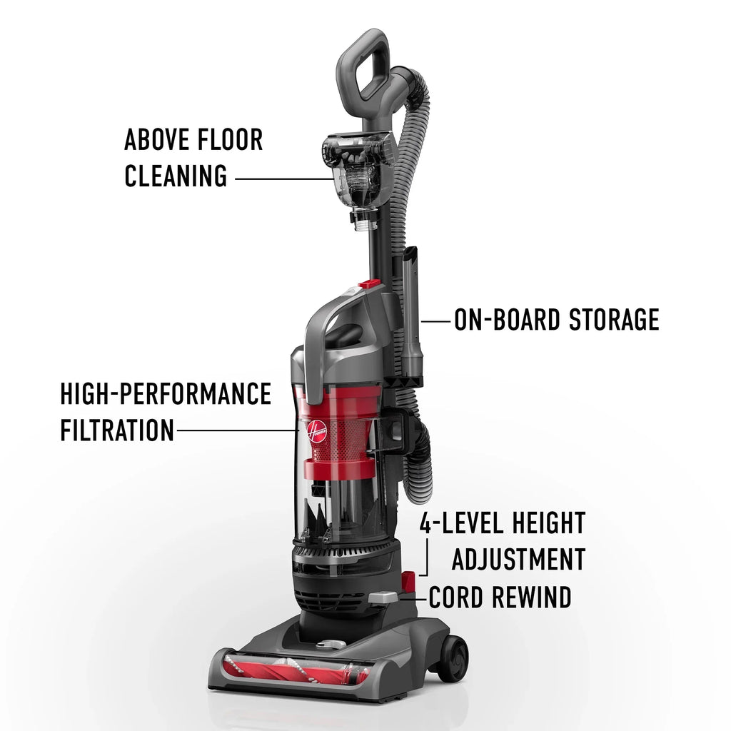 2026 NewHoover Rewind Pet Bagless Upright Vacuum Cleaner, Pet Friendly, Automatic Cord Rewind, Multi-Surface and Above Floor Cleaning, UH77410V, Gray & Red