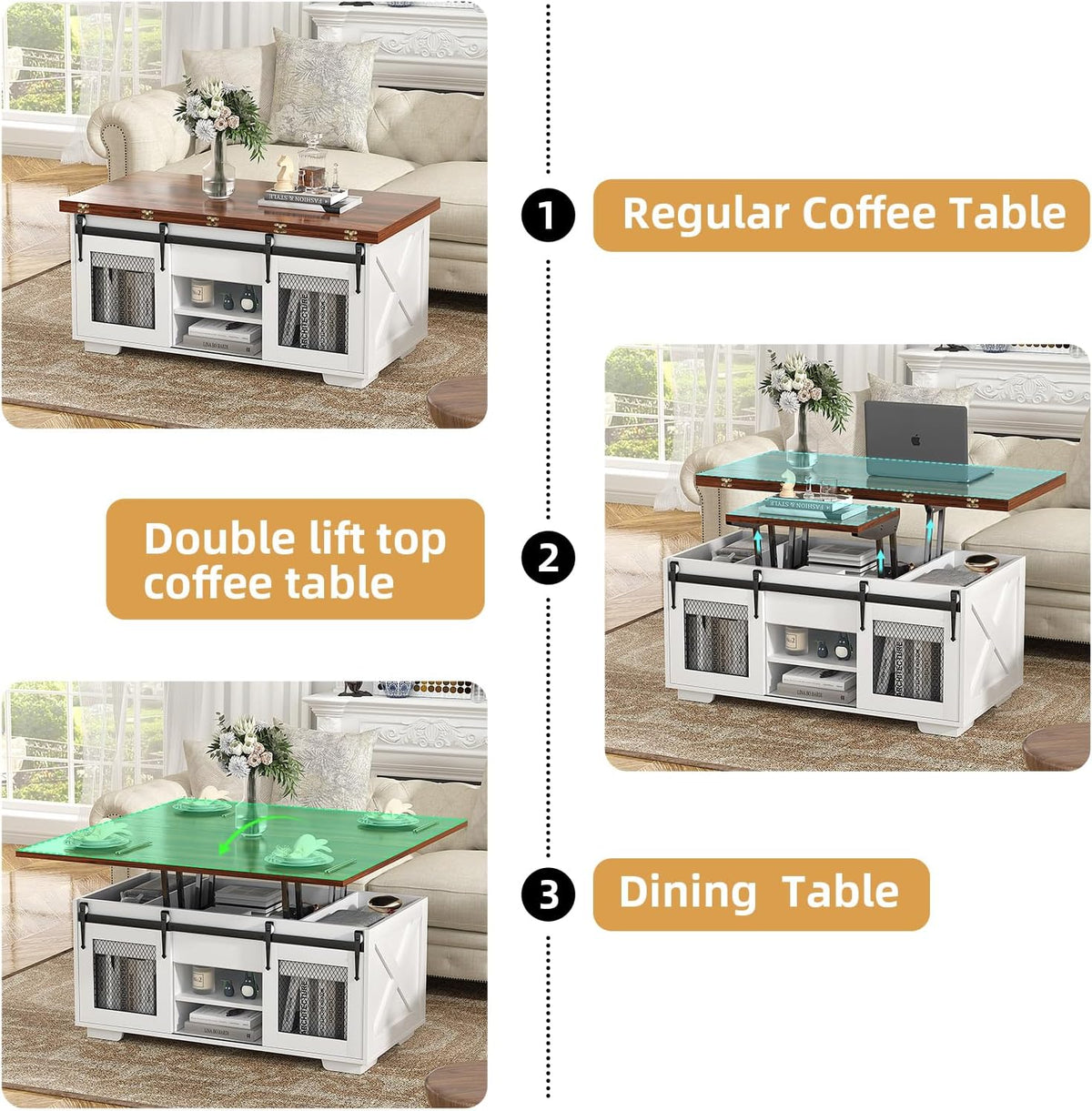 2026 VOWNER Mesa de Centro Elevable, Mesa Extensible, Multifuncional 3 en 1 con Almacenamiento Oculto - Comedor, Convertible, Estilo Granja, Nogal