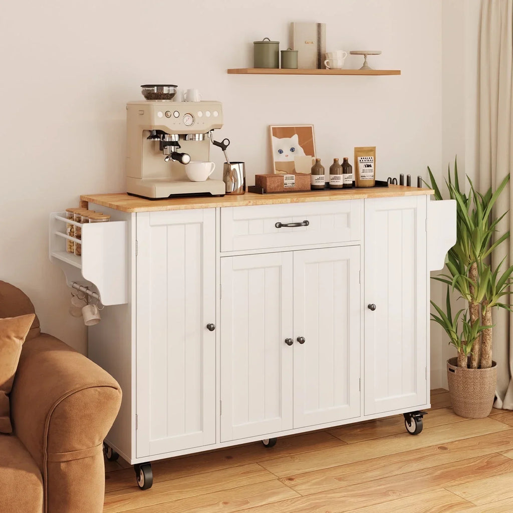 2026 NewNoelse Kitchen Island with Storage, Island Table for Kitchen with Drop Leaf, Spice Rack, Towel Bar for Small Kitchens, White