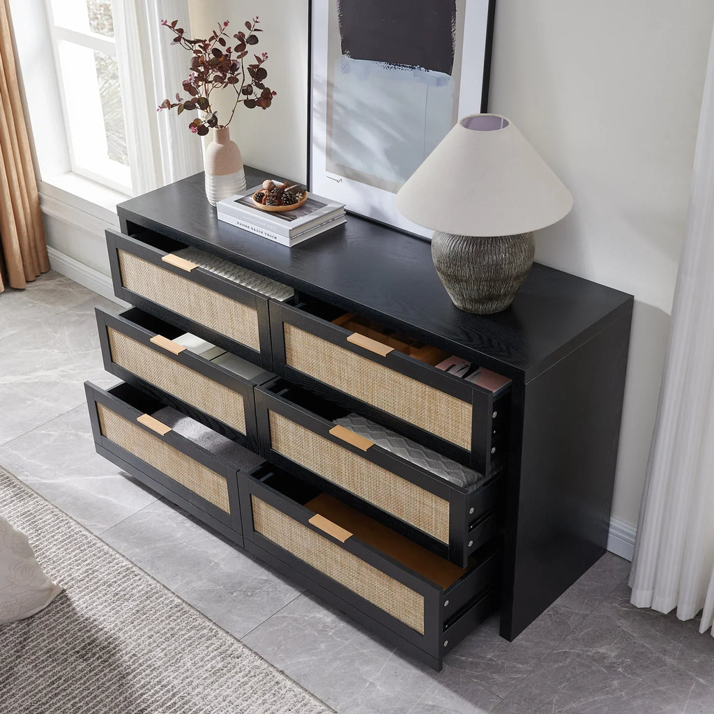2026 NewSICOTAS 56.85" 6 Drawer Dresser,Rattan Dresser with Storage,Boho Dressers & Chests of Drawers Wooden Tall Dresser for Bedroom