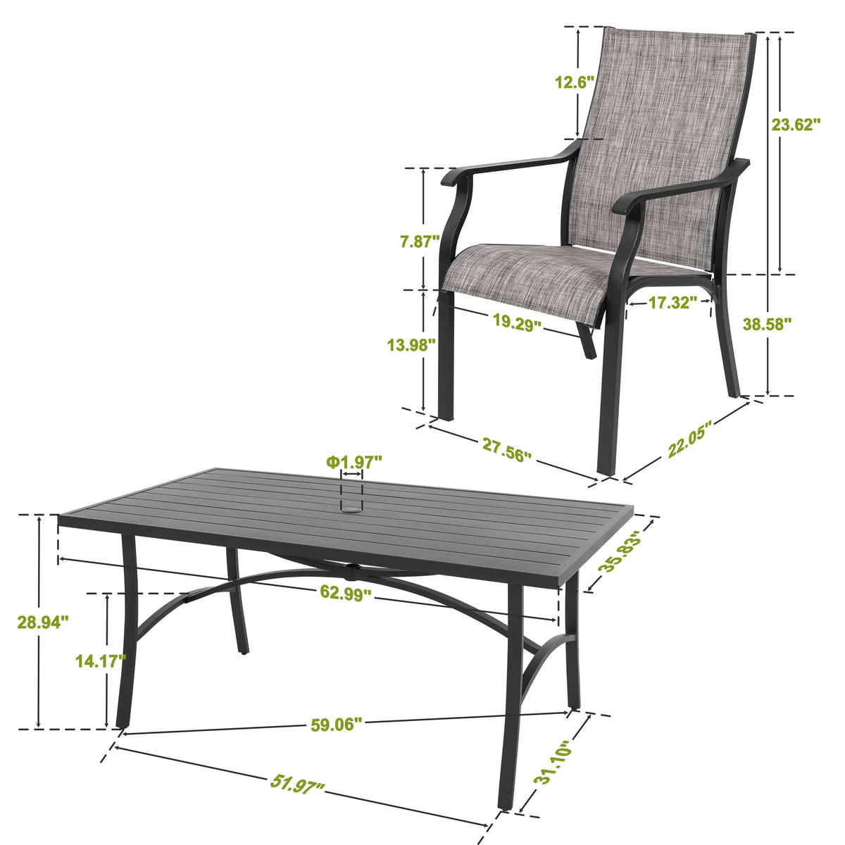 2026 NewNuu Garden 7 Piece Patio Dining Set, Rust-Resistant Aluminum Outdoor Dining Set, Include 6 Textilene Chairs and Rectangle Dining Table with Umbrella Hole, Grayish Brown