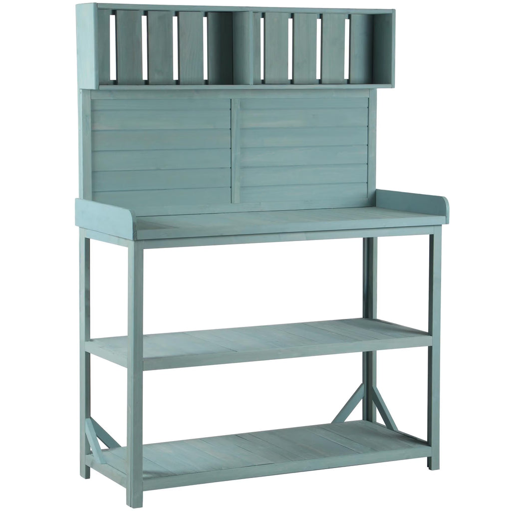 2026 New65" Large Wooden Farmhouse Rustic Outdoor Potting Bench Table, Patio Workstation, Garden Potting Bench with 4 Storage Shelves and Side Hook,Green