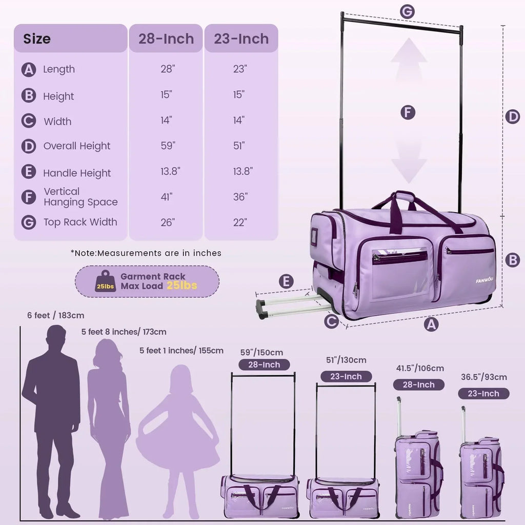 2026 NewFegat Dance Bag with Garment Rack - 28"Collapsible Rolling Competition Dance Duffle Bag Lightweight Costume Wheeled Suitcase for Dancers Shows Livestreamer Athletes