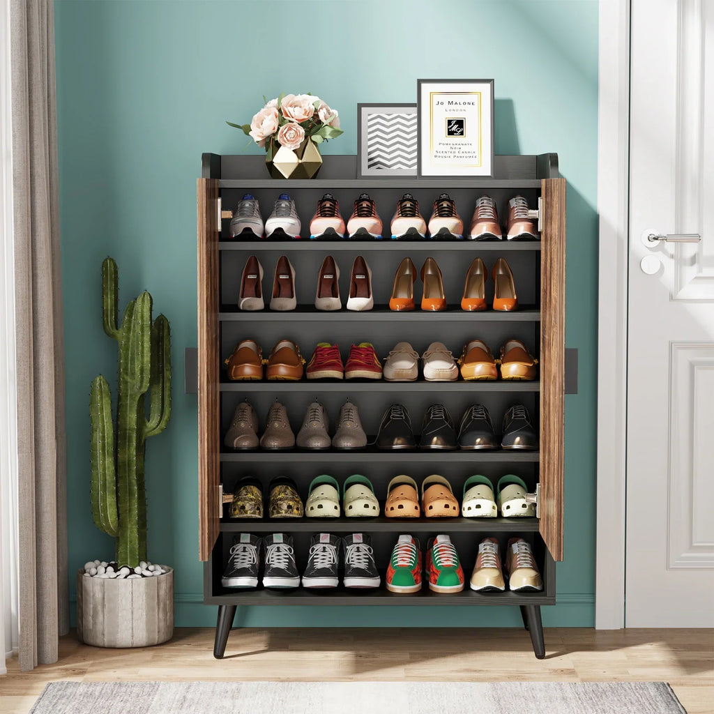 2026 NewTribesigns Shoe Cabinet with Doors, 7-Tier Shoe Storage Cabinet with Adjustable Shelves, Wood Grain Shoes Rack Shoe Organizer