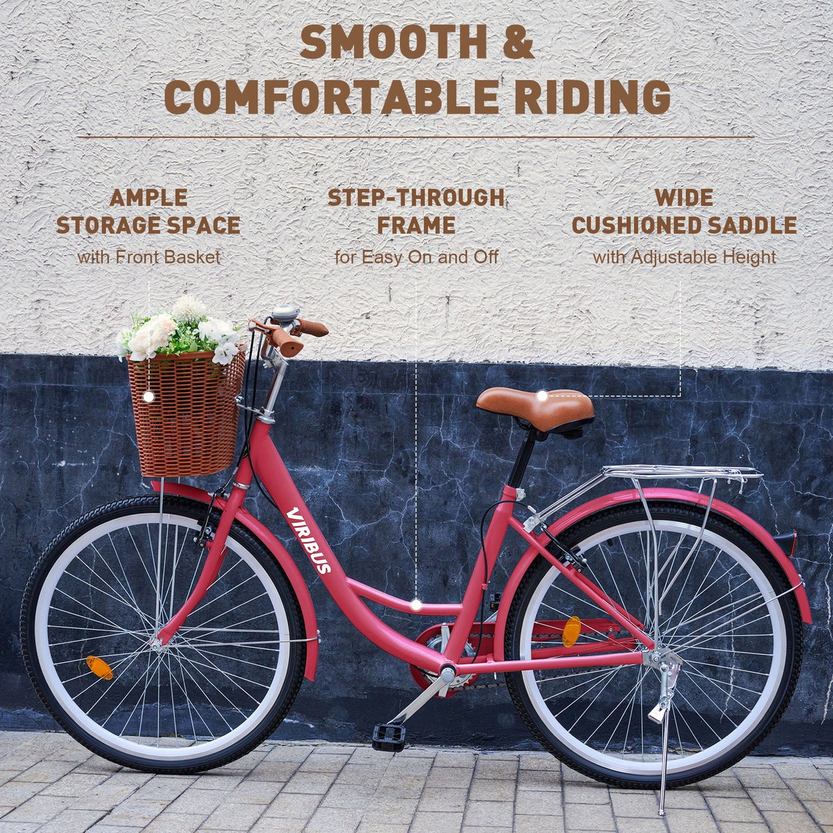 2026 NewViribus Women's Comfort Bike 24 inch Beach & City Cruiser Bicycle with Basket Rack White