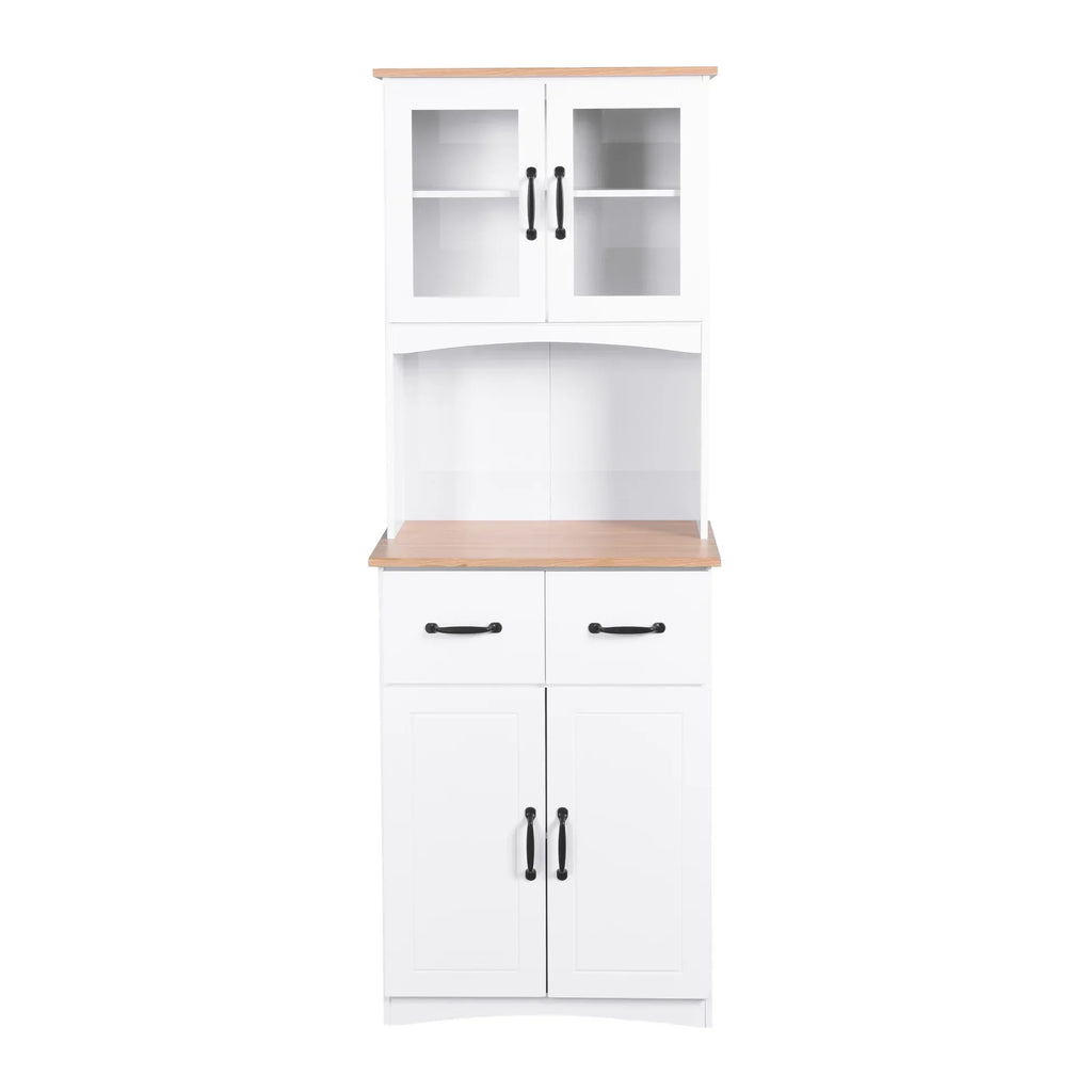 2026 NewClearance! Wooden Kitchen Cabinet White Pantry Room Storage Microwave Cabinet with Framed Glass Doors and Drawer