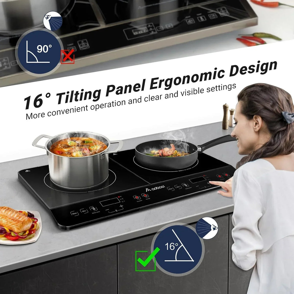 2026 NewAobosi Double Induction Cooktop with 2 Burners, 1800W Electric Stove Cooktop with Sensor Touch, 10 Temperature 9 Power Settings
