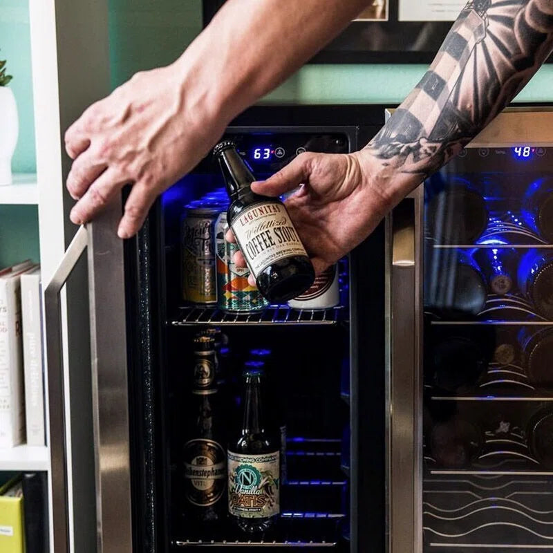 2026 Frigorífico para vinos y bebidas Newair de 24 pulgadas, empotrable, de doble zona, con capacidad para 18 botellas y 58 latas, en acero inoxidable.