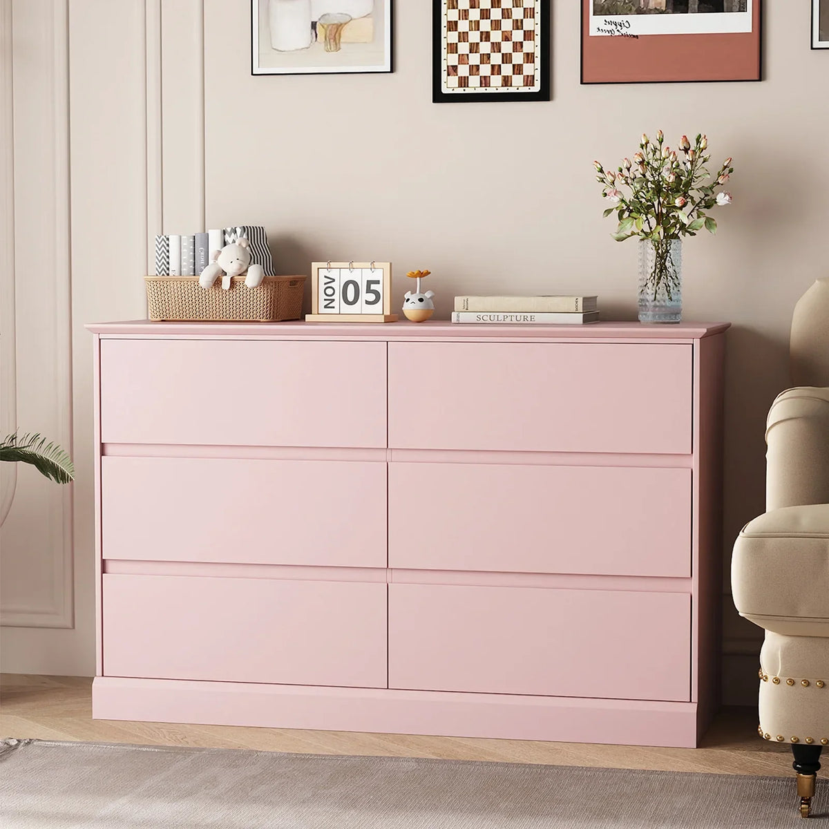 2026 NewWhite Dressers Bedroom Dresser 6 Drawer Storage Chest of Drawers Double Dresser Storage Side Cabinet Room Furniture for Bedroom Living Room