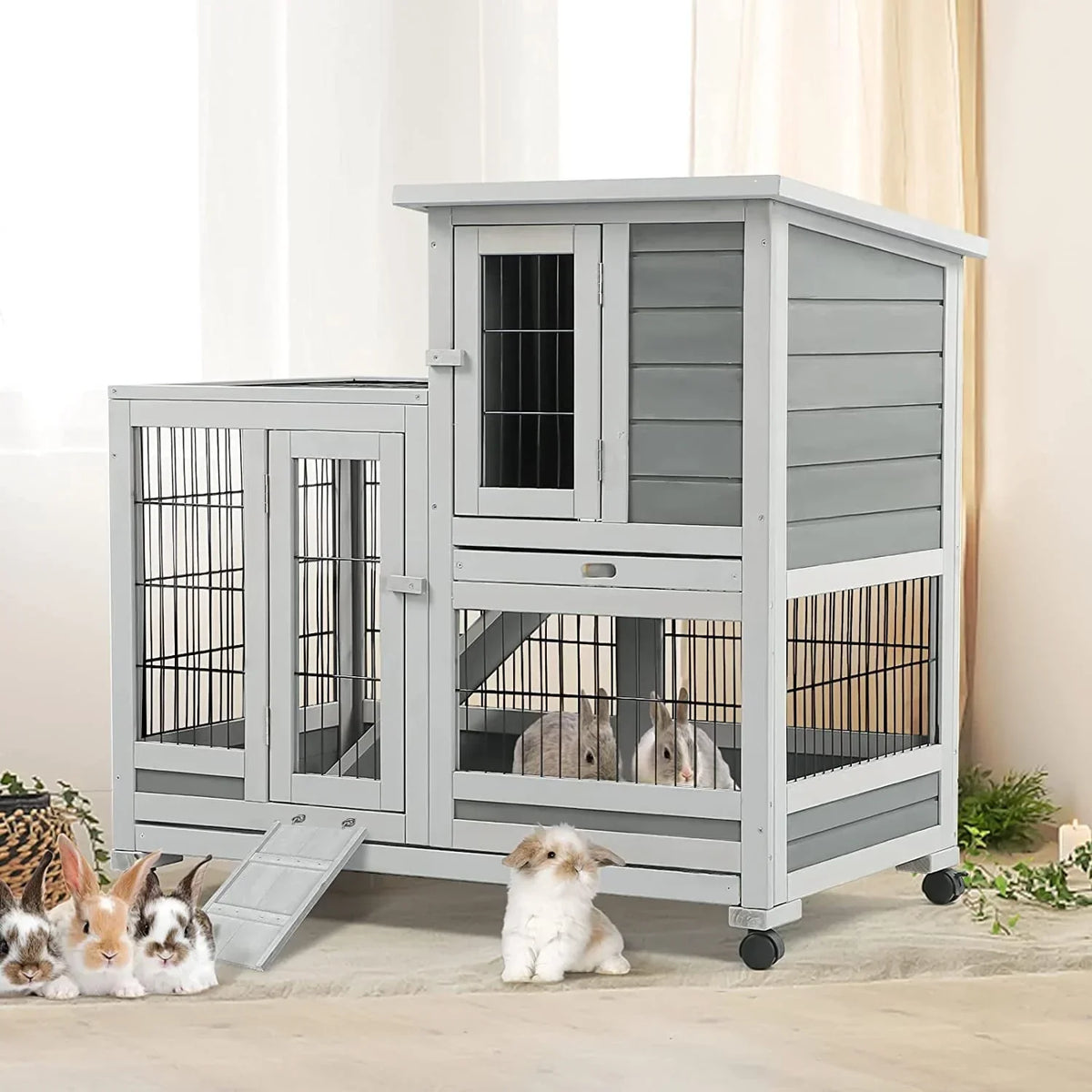 2026 NewYODOLLA Indoor Rabbit Hutch Bunny Cage Large Pet House for Small Animal with Wheels