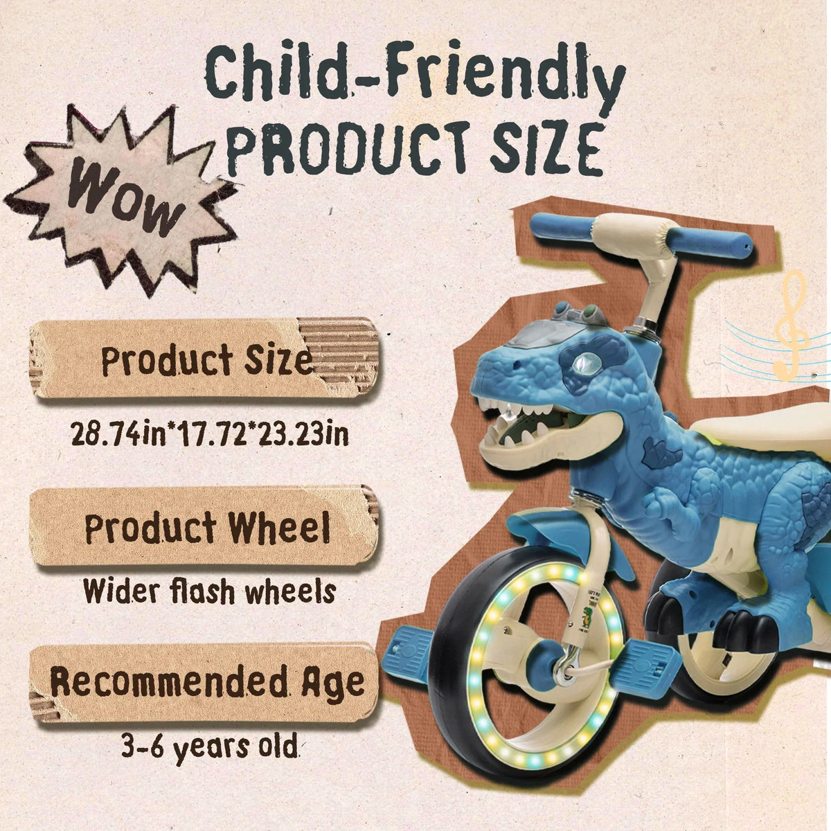 2026 NewXuanlur Kids Ride on Dinosaur Tricycle, Toddlers Kid Trike with Wide Flash Wheels, Anti-Slip Pedals, Rear Basket, Music & LED Lights, Toddler Bike Toys Gift for 3-6 Year Old Boys & Girls (Green)