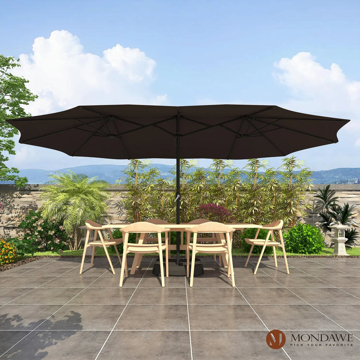 2026 NewMondawe 15ft Patio Umbrella Rectangular Outdoor Market Umbrella with Base and LED Lights Beige