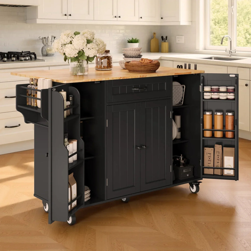 2026 NewNoelse Kitchen Island with Storage, Island Table for Kitchen with Drop Leaf, Spice Rack, Towel Bar for Small Kitchens, White