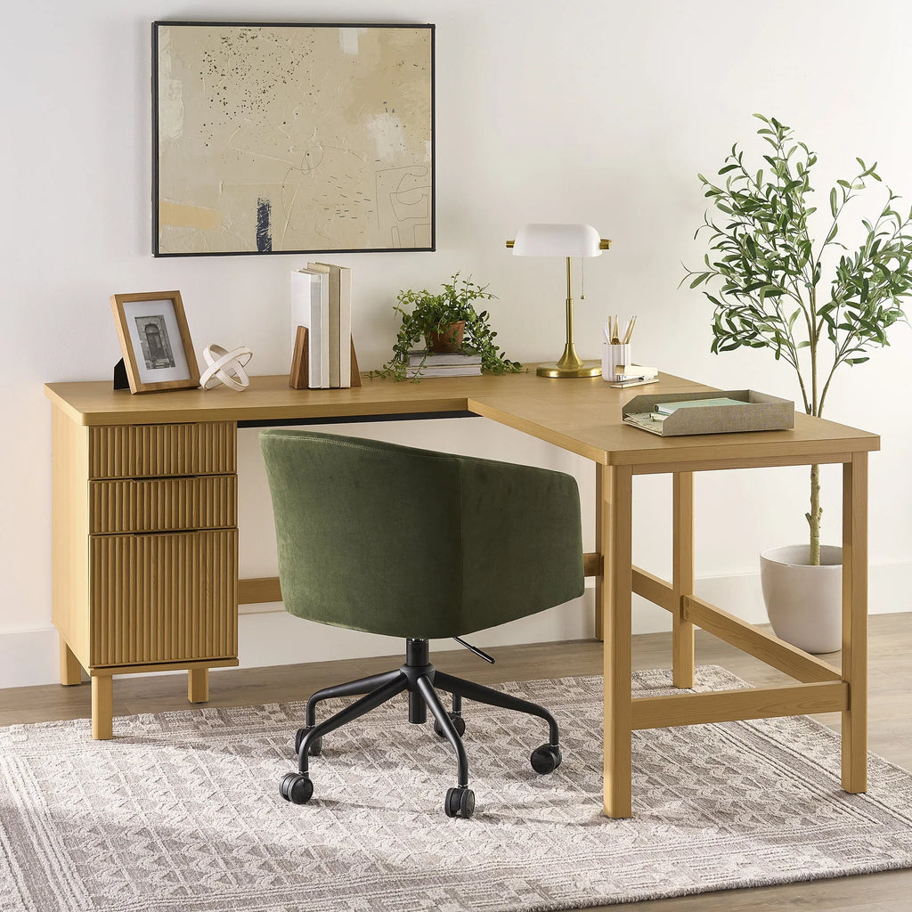 2026 NewBetter Homes & Gardens Lillian Fluted L-Shape Desk, Natural Pine Finish