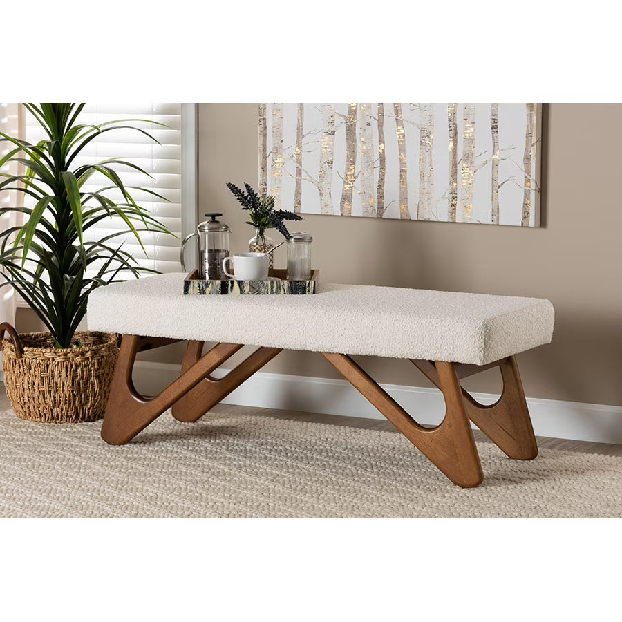 2026 NewBaxton Studio Rika Japandi Cream Boucle Fabric and Walnut Brown Finished Wood Bench