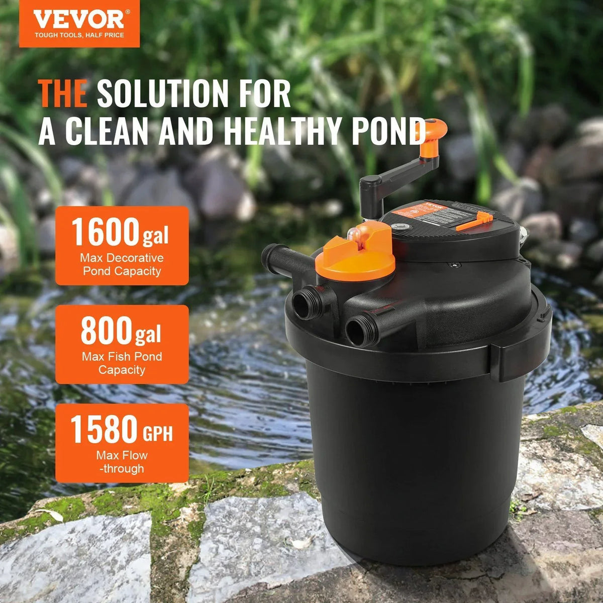 2026 NewBio Pressure Pond Filter with 13W UV-C Light, 1580 GPH, for Pools up to 1600 Gallons, Pressurized Biological Filtration for Garden Ponds, Koi Fish Tanks, Fountains