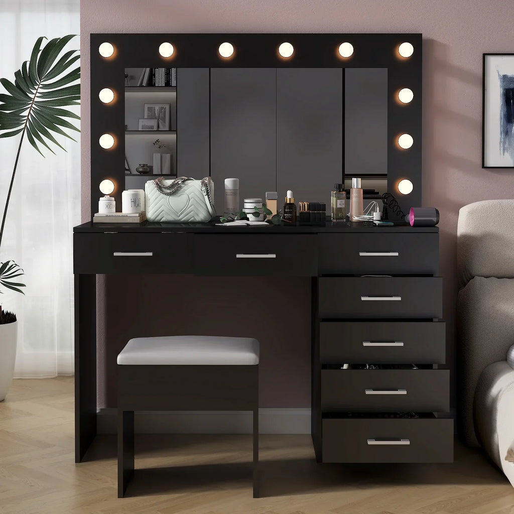 2026 NewKtaxon Large Makeup Vanity, Vanity Table Set w/ Visible Glass Top w/ Charging Station, White