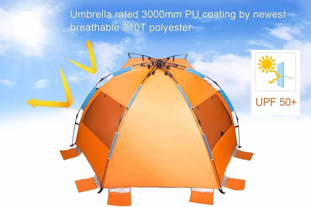2026 NewX-Large 4 Person Beach Tent Sun Shelter - Portable Sun Shade Instant Tent for Beach with Carrying Bag, Stakes, 6 Sand Pockets, Anti UV for Fishing Hiking Camping, Waterproof Windproof, Orange