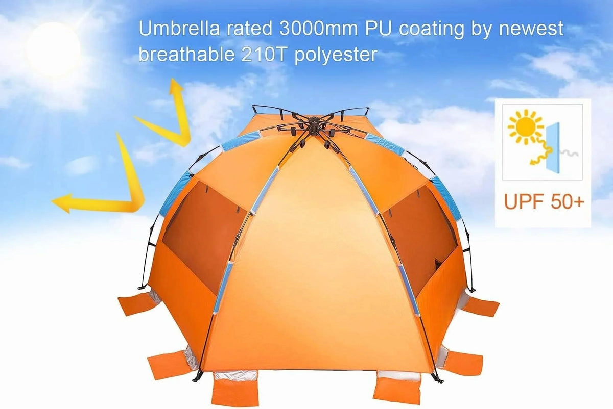 2026 NewX-Large 4 Person Beach Tent Sun Shelter - Portable Sun Shade Instant Tent for Beach with Carrying Bag, Stakes, 6 Sand Pockets, Anti UV for Fishing Hiking Camping, Waterproof Windproof, Orange