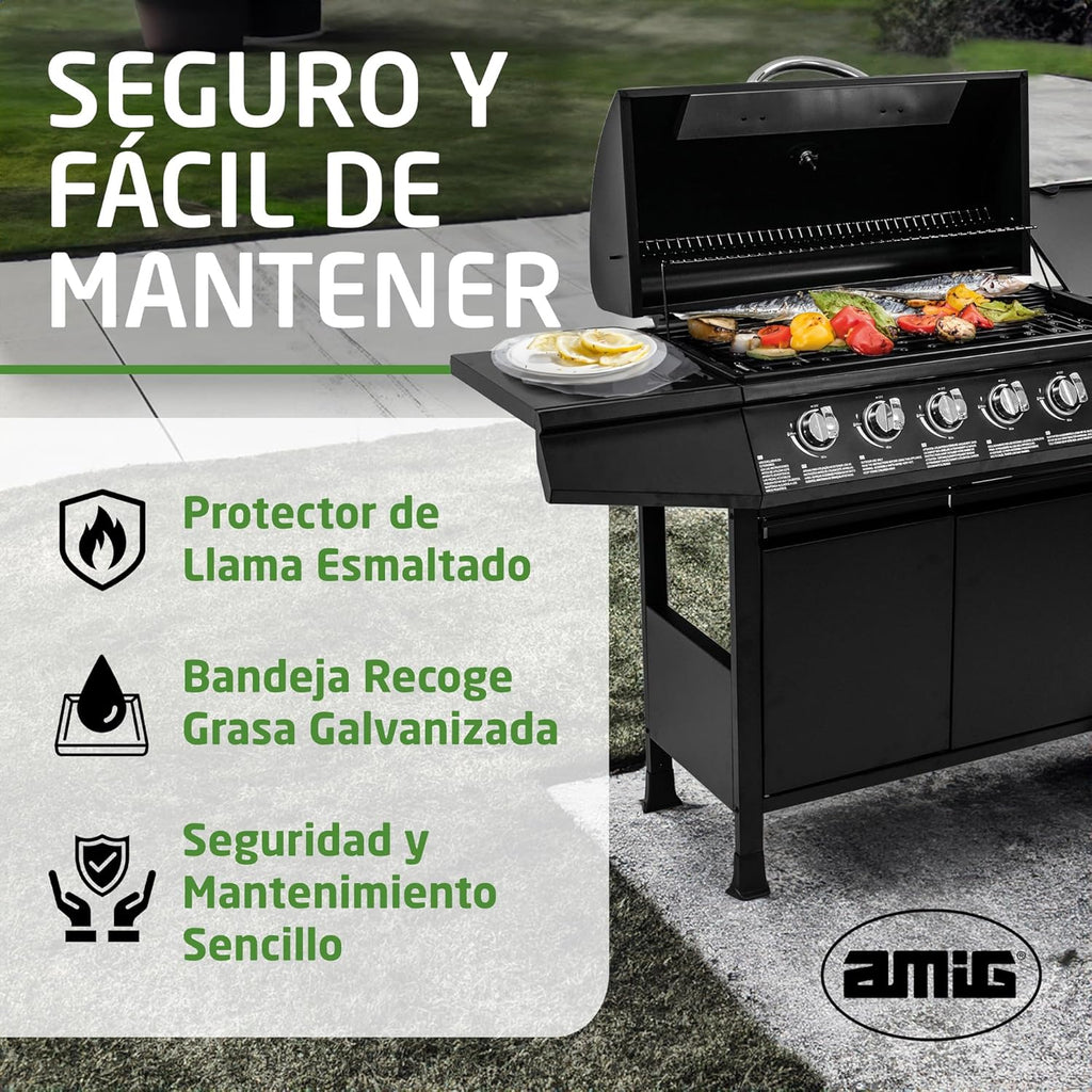 2026 Amig - Barbacoa de gas Fireplus 6 1 de 12,9 kW - Acero inoxidable Negro - Parrilla con ruedas Modelo GRILL-6F - Barbacoa XXL con carro y termómetro - 138x52x103 cm - 7 quemadores y Bandeja lateral