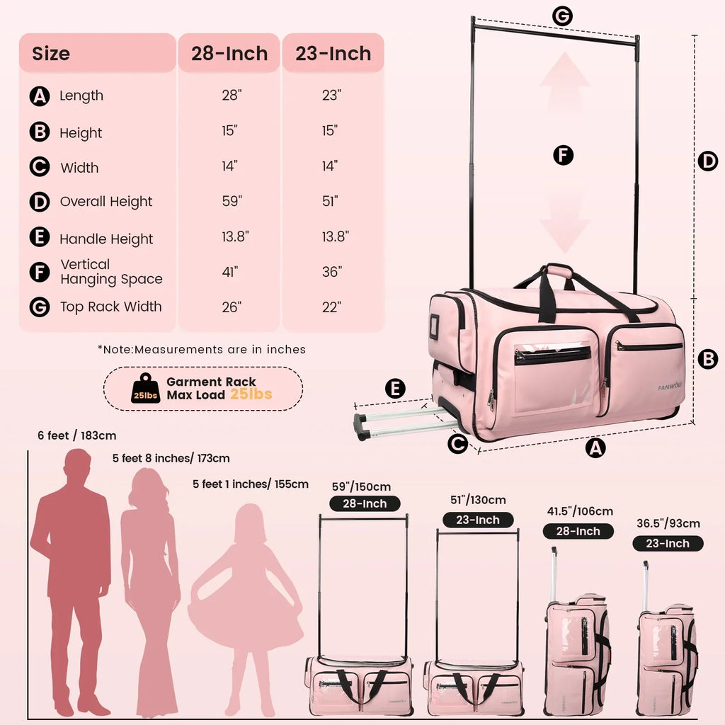 2026 NewFegat Dance Bag with Garment Rack - 28"Collapsible Rolling Competition Dance Duffle Bag Lightweight Costume Wheeled Suitcase for Dancers Shows Livestreamer Athletes