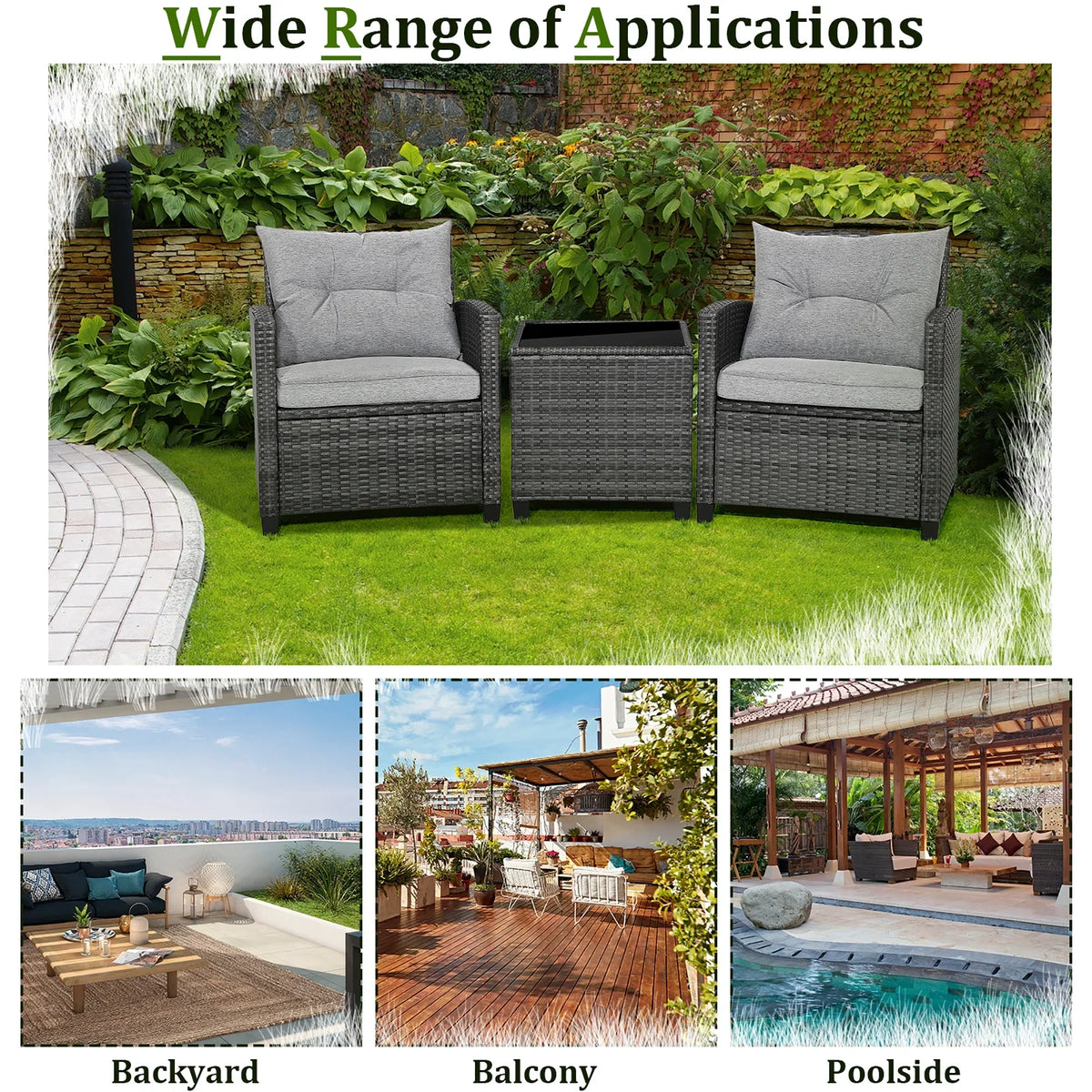2026 NewGymax 3PCS Patio Rattan Sofa Set Outdoor Wicker Conversation Set Glass Tabletop w/ Grey Cushion