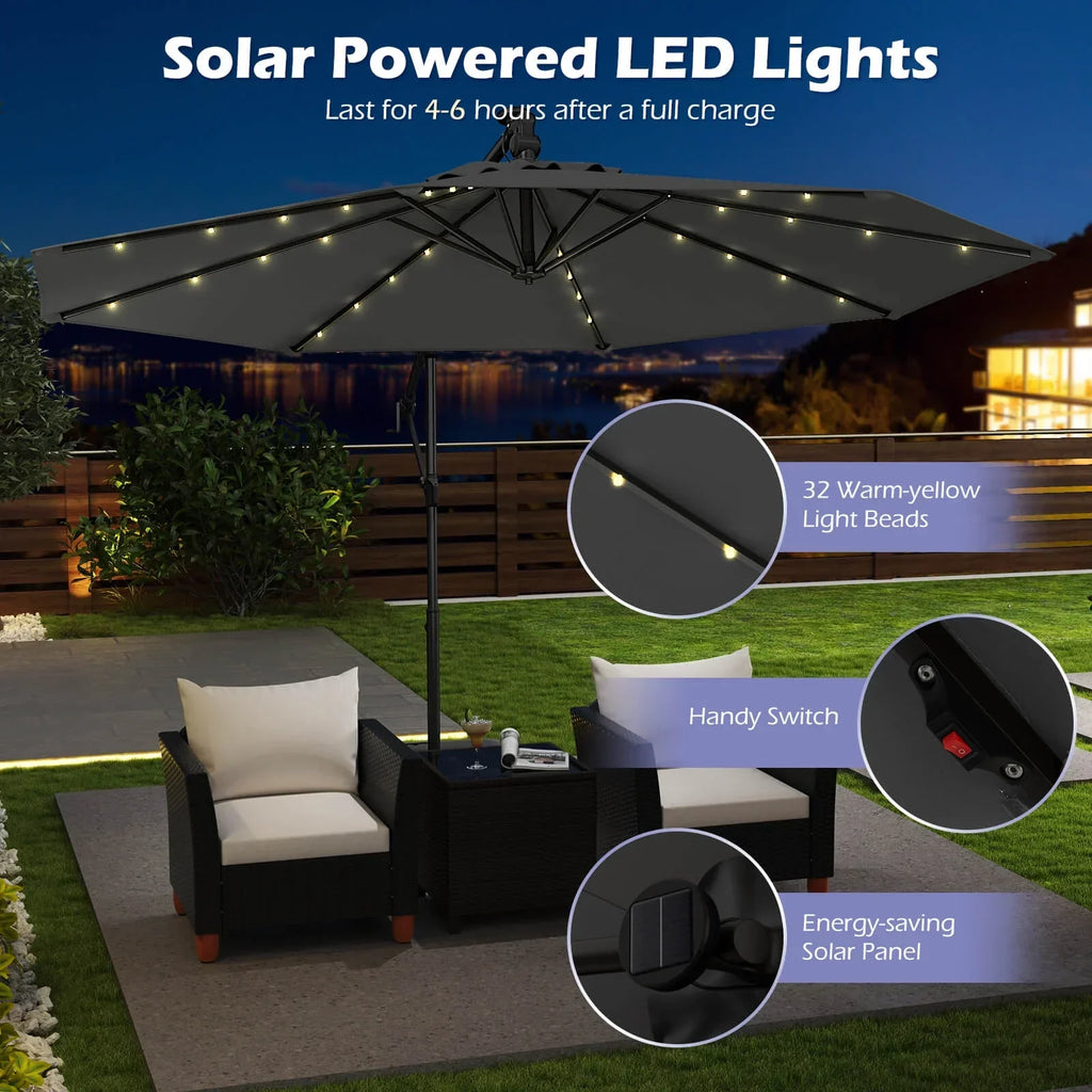 2026 NewCostway 10 FT Solar Offset Hanging Umbrella Patio Cantilever Umbrella with 32 LED Lights Brown