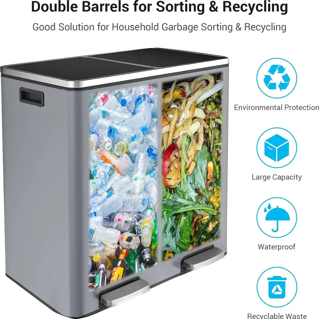 2026 NewArlopu 60 L/16 gal Dual Trash Can, Stainless Steel Garbage Can for Kitchen, Recycle Bin with Lid