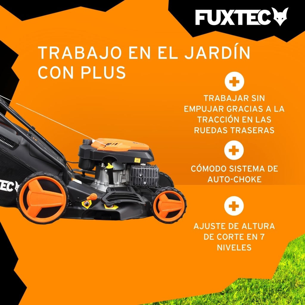 2026 Cortacésped de tracción de Gasolina autopropulsado FUXTEC FX-RM4646 46cm de Ancho de Corte, Potente Motor de Gasolina con transmisión GT 146cc Easy Clean 4en1 2,6KW Mulching/Bolsa de césped 50L