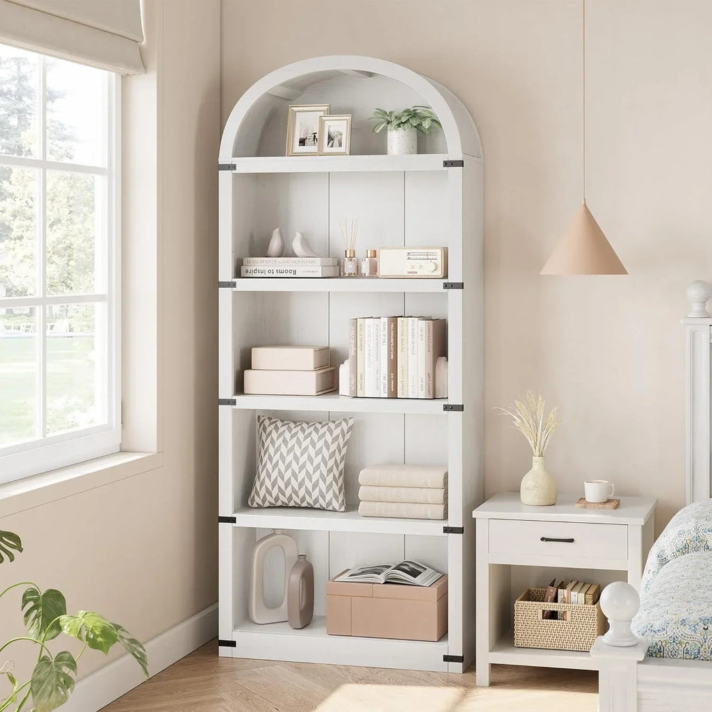 2026 NewBookcase 5 Shelf Arched Bookshelf 71.65in Tall Bookcase Farmhouse Display Storage Rack Wooden Bookshelves for Home Office, Living Room(white)