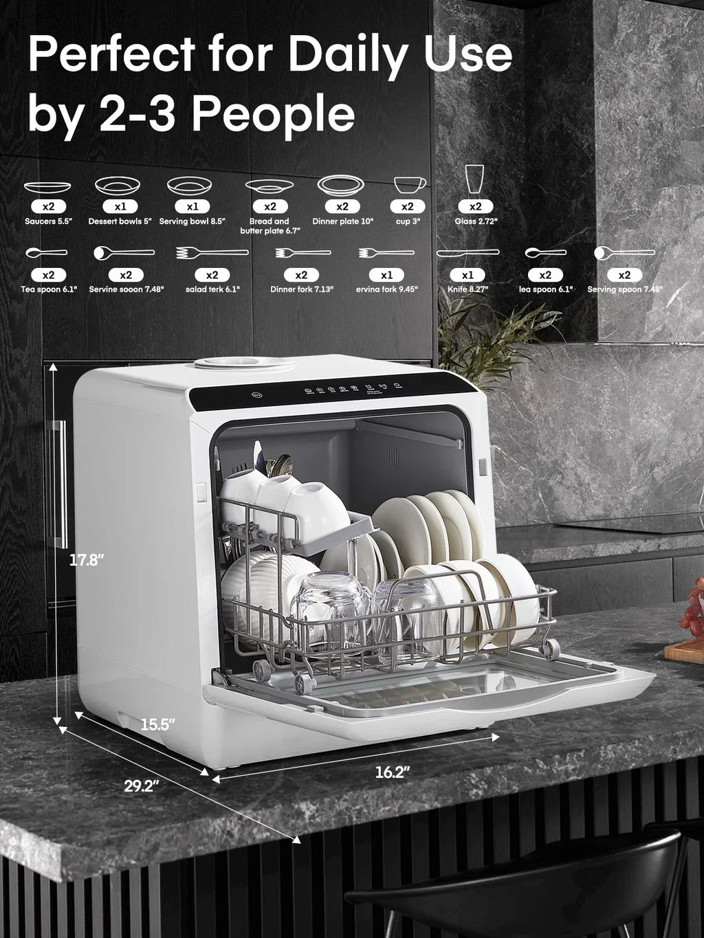 2026 NewFOHERE Countertop Dishwasher with 6H Delay Cleaning, Portable Dishwasher w/5L Built-in Water Tank, 6 Programs, 360" Dual Spray, High-Temp