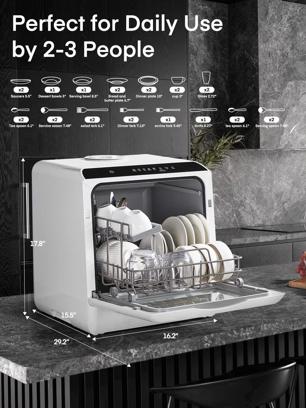 2026 NewFOHERE Countertop Dishwasher with 6H Delay Cleaning, Portable Dishwasher w/5L Built-in Water Tank, 6 Programs, 360" Dual Spray, High-Temp