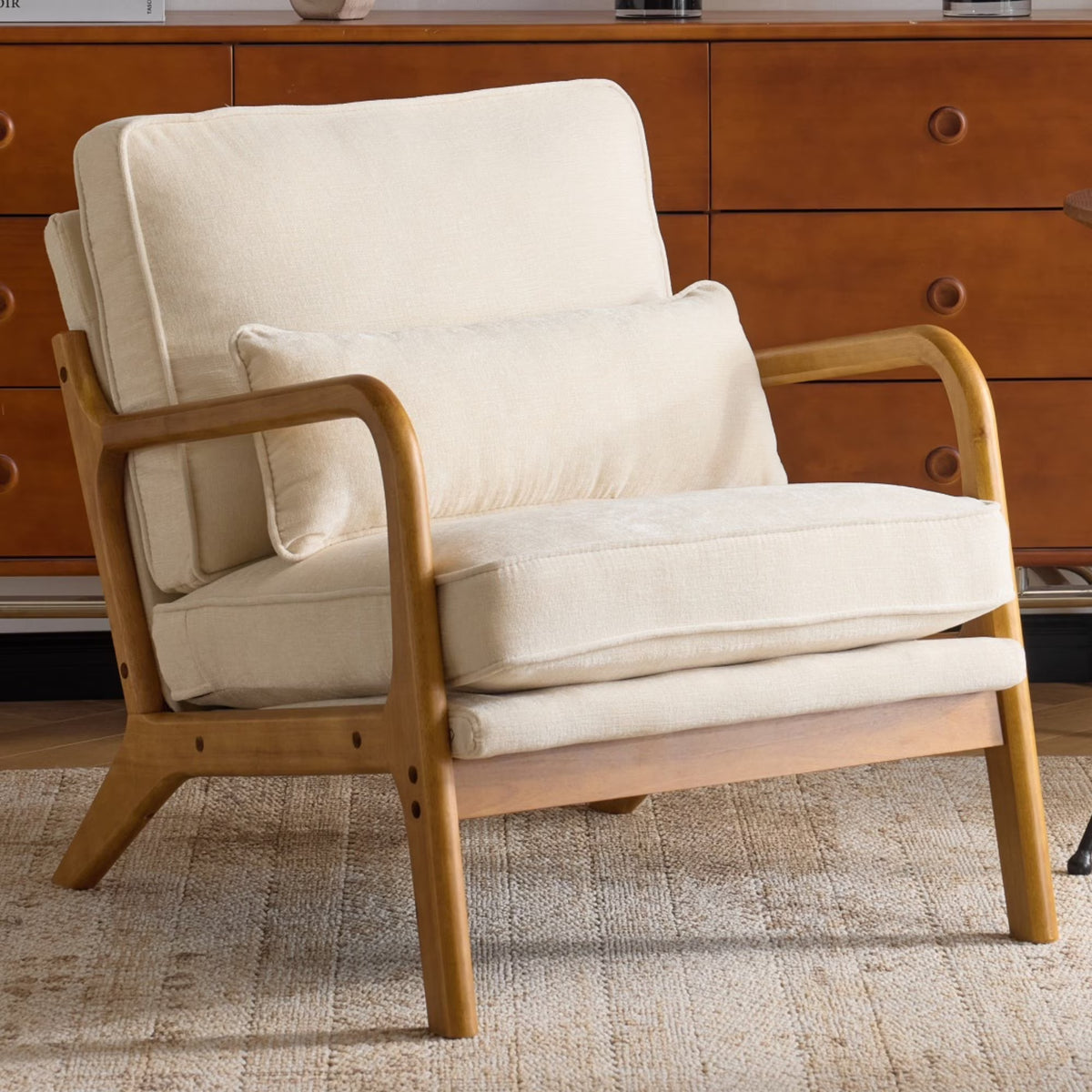 2026 NewKtaxon Accent Chair Corduroy Upholstered Armchair, Reading Club Chair with Pillow and Solid Wood Frame for Living Room Bedroom Furniture Off White