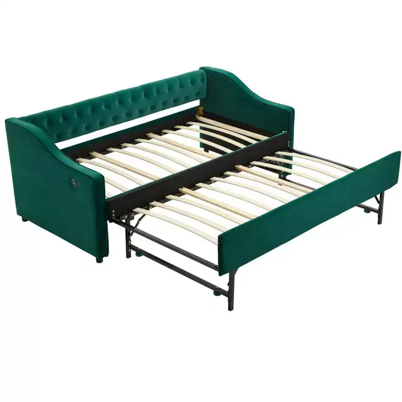 2026 Cama sofá Twin con cama nido, tapizada en terciopelo, puerto USB y bolsillos laterales - ModernLuxe