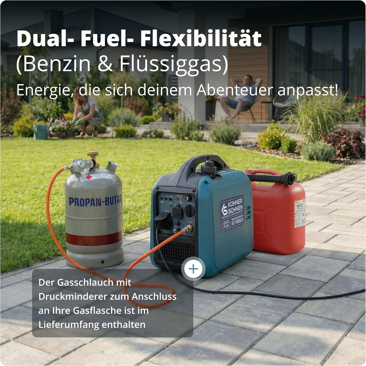 2026 Könner & Söhnen Generador Inverter KS 1900iG S, Generador de Doble Combustible (GLP/Gasolina) 2000W, Generador de Emergencia Silencioso, Ultraligero 17kg, Onda Sinusoidal Pura, Modo Eco, USB, Euro-5