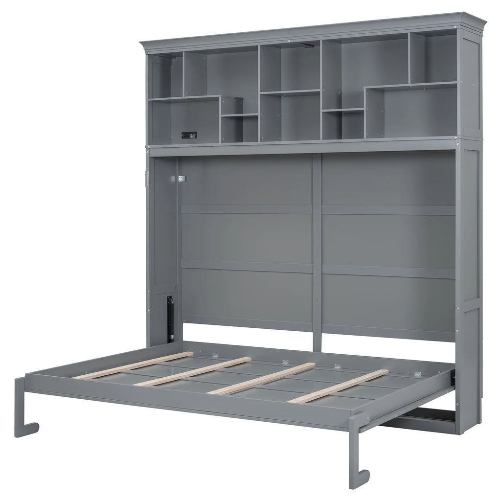 2026 NewQueen Size Murphy Bed Wall Bed with Top Shelves & USB Charging, Space-Saving Cabinet Bed with Flexible Slats, Gray Modern Foldable Bed