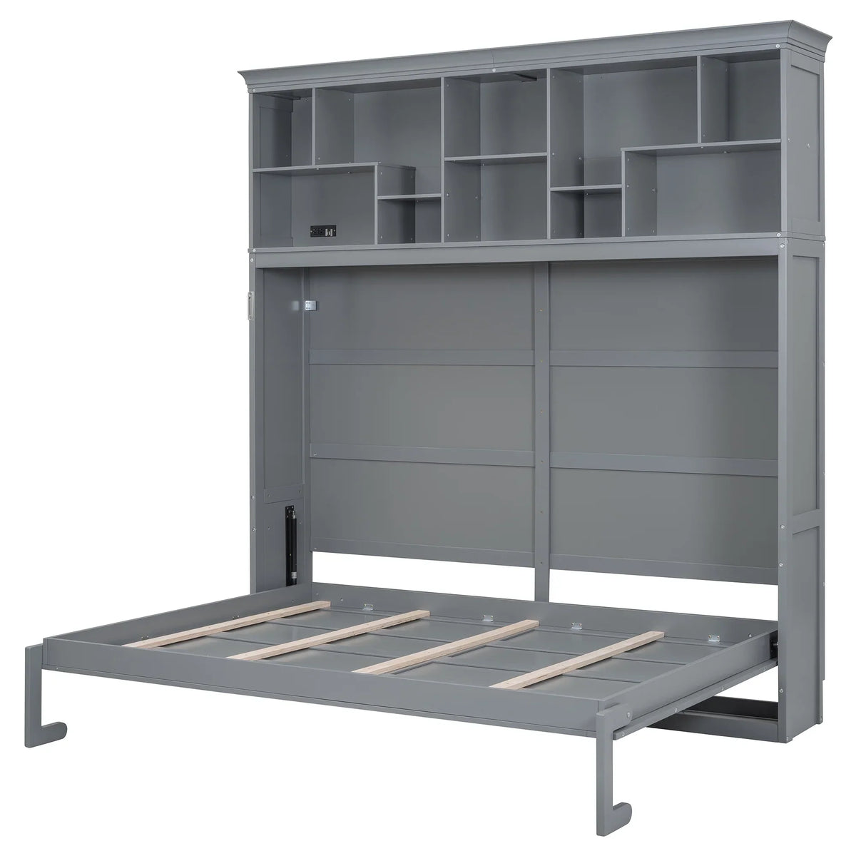 2026 NewQueen Size Murphy Bed Wall Bed with Top Shelves & USB Charging, Space-Saving Cabinet Bed with Flexible Slats, Gray Modern Foldable Bed