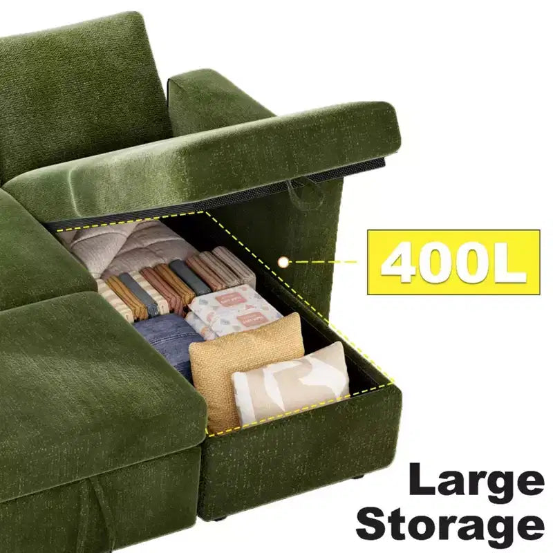 2026 Sofá cama extraíble 2 en 1 con chaise longue de almacenamiento, chenilla y puertos USB