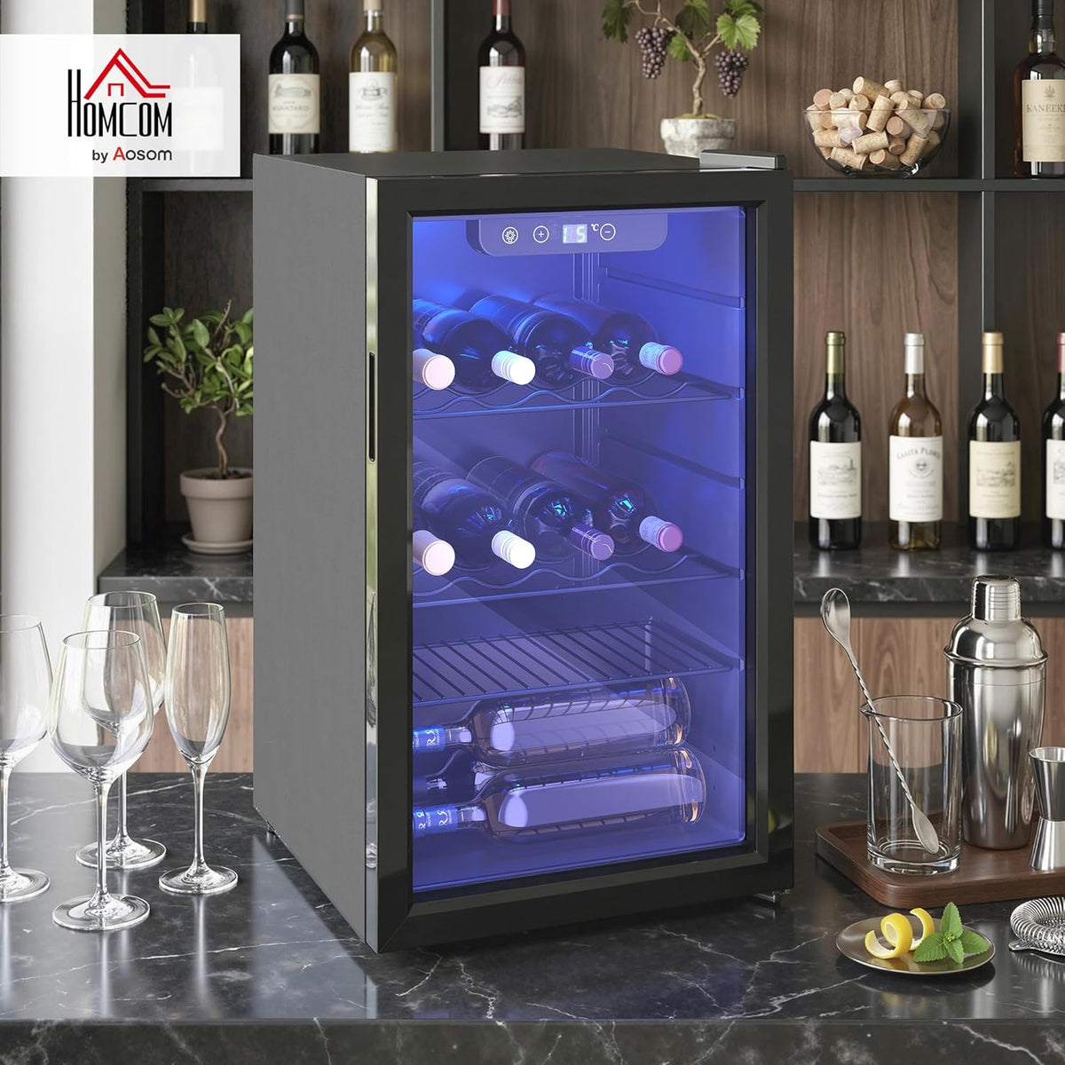 2026 Vinoteca HOMCOM para 24 botellas, 68 litros, mueble pequeño para vinos, enfriador de bebidas/botellas con puerta de doble cristal, 4-16 °C, iluminación LED, pantalla táctil digital, nevera para vinos, color negro.